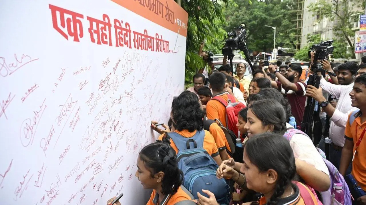 Protesters in Maharashtra celebrating revocation of Hindi mandate in schools.