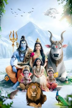 “Lord Shiva with Parvati, Ganesha, and Kartikeya seated on Mount Kailash, radiating divine harmony and cosmic balance”