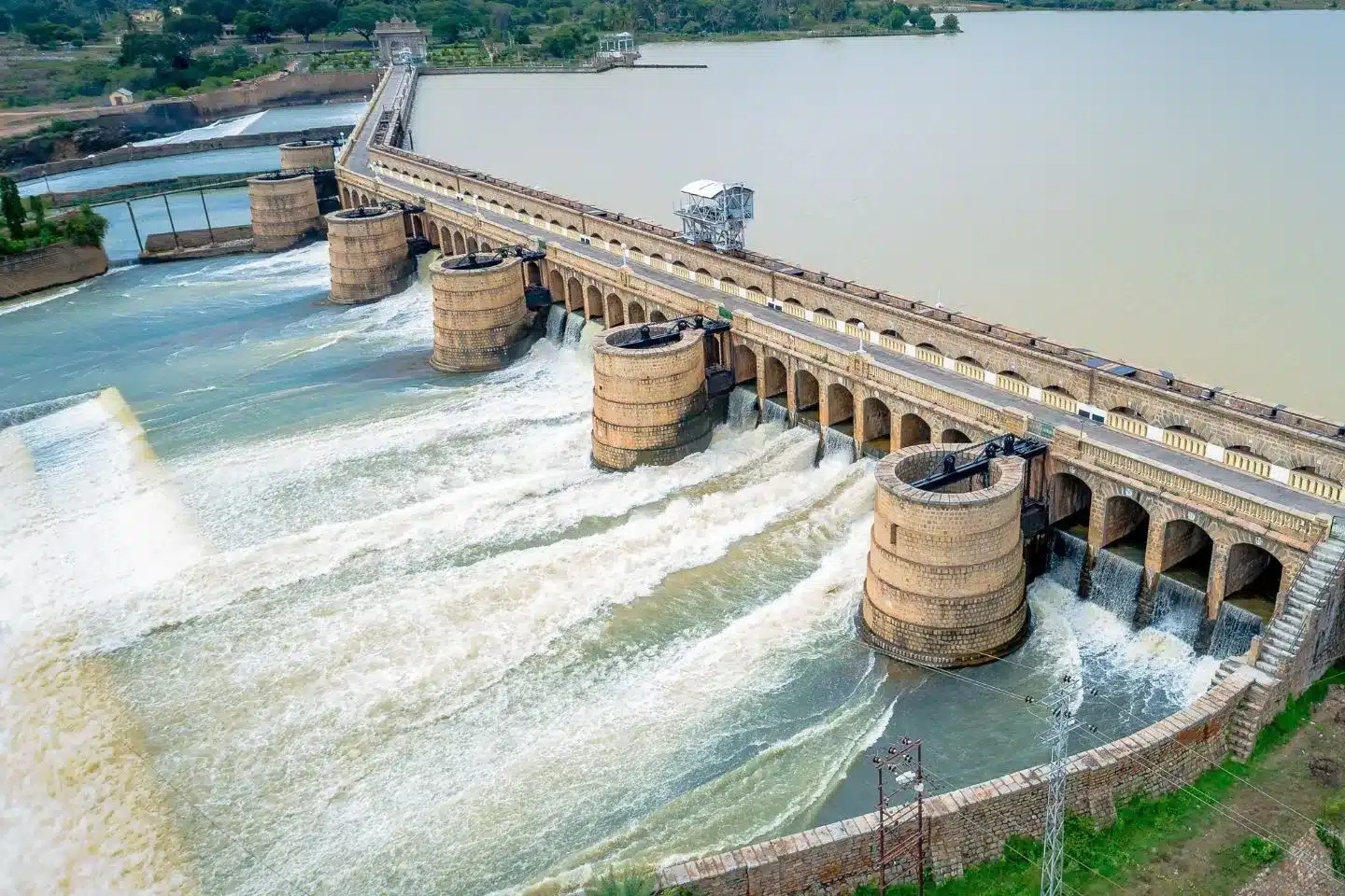 Aerial view of Krishnarajasagar dam with full reservoir level