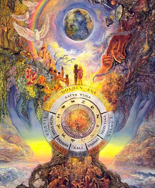 “Divine golden landscape of Satya Yuga with sages meditating under celestial light in a harmonious world”