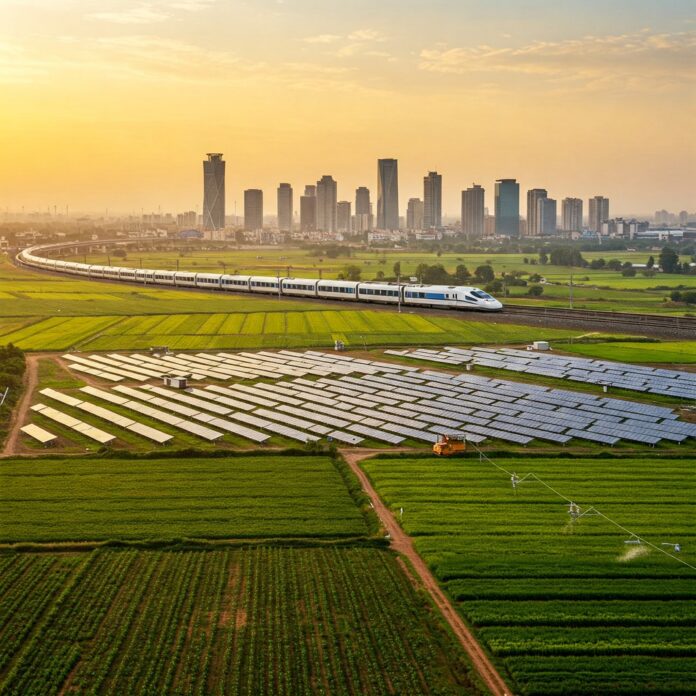 High-rise buildings under construction next to farmland in Punjab