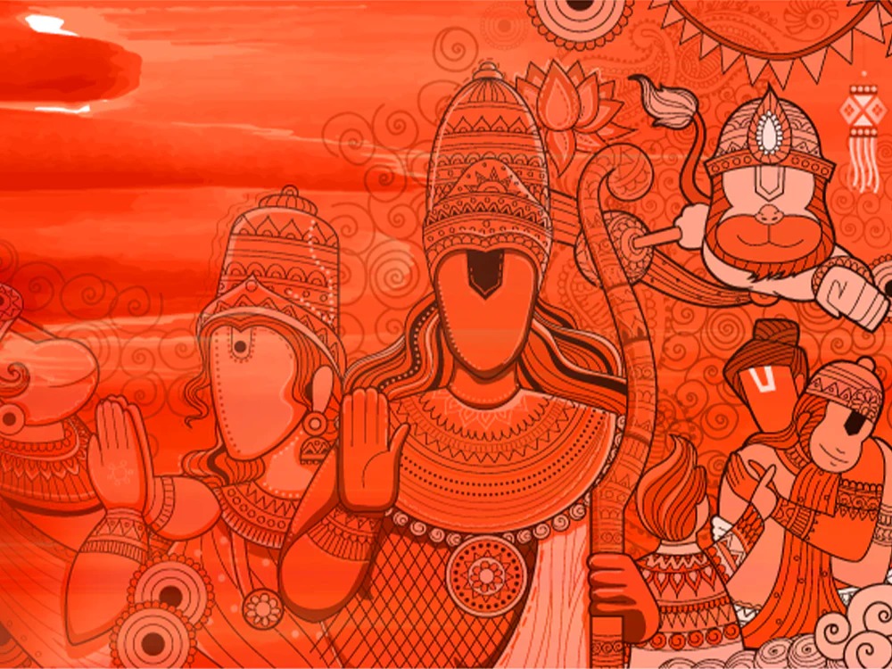 Lord Rama leading an army in the Treta Yuga with sages performing Yajnas in the background