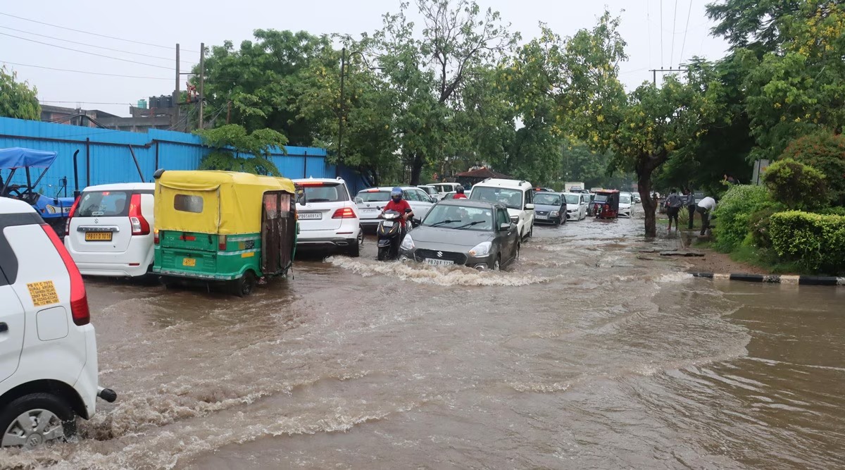Vehicles moving through waterlogged roads in Chandigarh during heavy rain