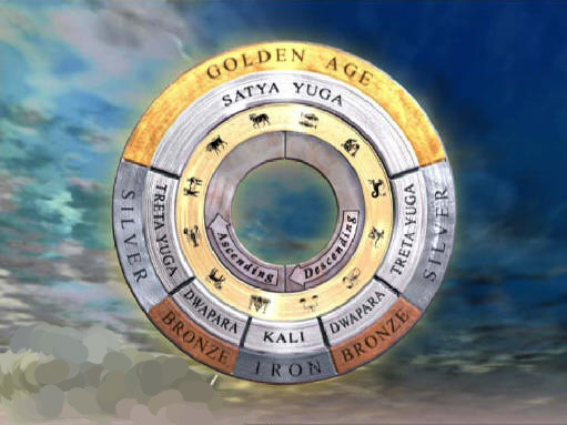 “A sacred wheel showing the four Yugas in a clockwise cosmic cycle from Satya to Kali Yuga”