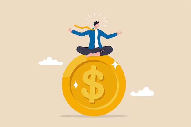 Person meditating by a window with a piggy bank and open notebook – symbolizing the pursuit of happiness and financial wellness, with Vizzve Finance branding