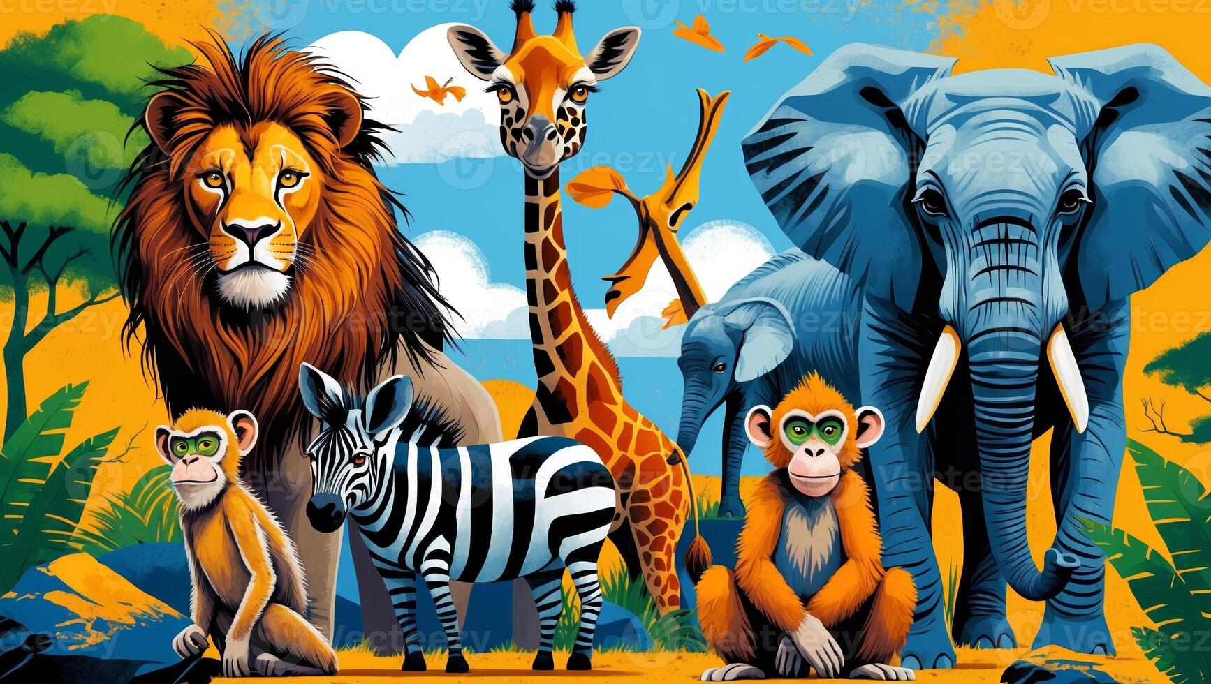 A colorful collage of wild animals (lion, squirrel, owl, cheetah, elephant) with financial icons like coins, charts, and piggy banks.
