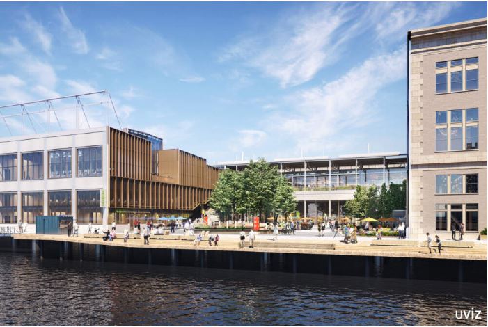 Rendering of Boston’s Seaport with upcoming Museum of American Finance at Commonwealth Pier and Vizzve Finacr overlay