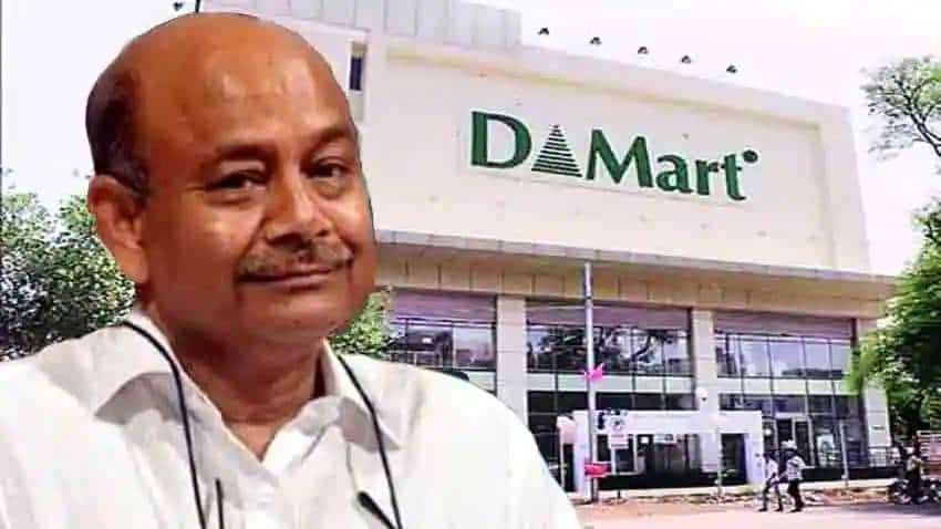 Radhakishan Damani against backdrop of D-Mart and NSE buildings
