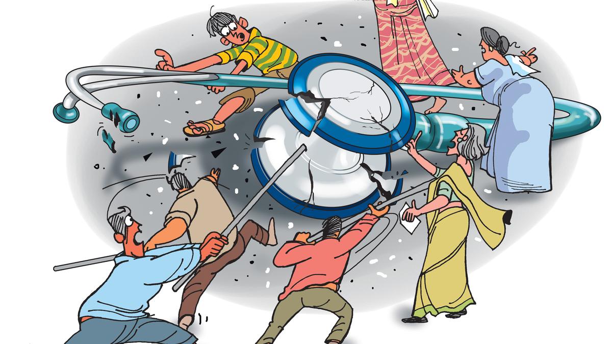 Image showing a tired doctor and symbolic loss of trust in the medical profession