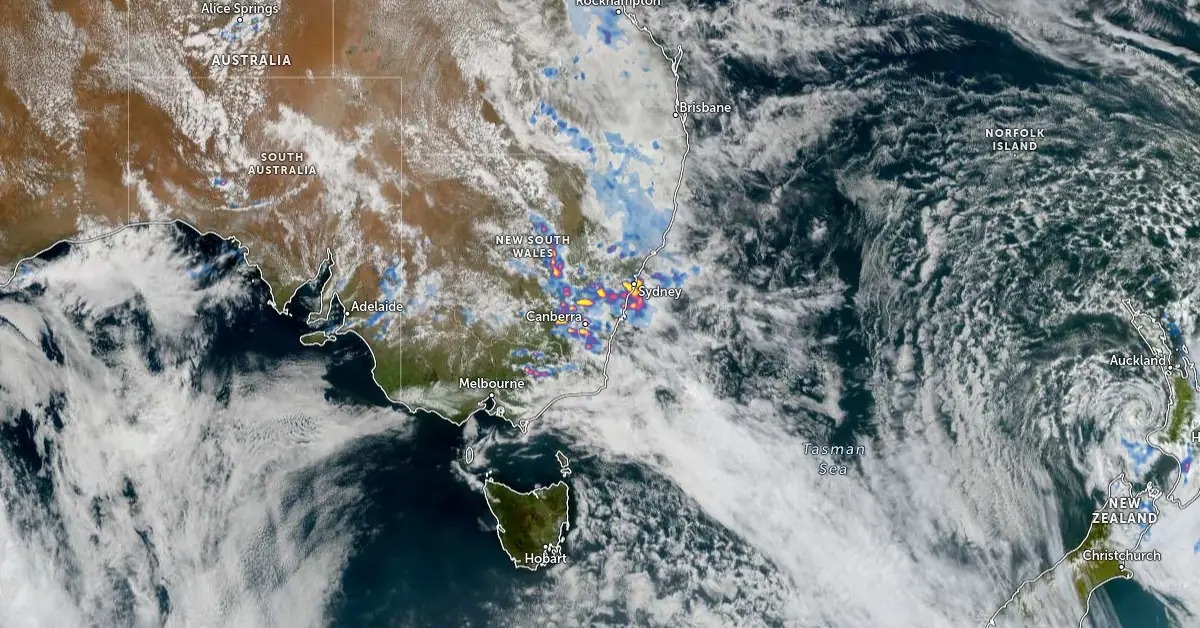 Satellite image of severe storm system approaching New South Wales coastline due to warm seas