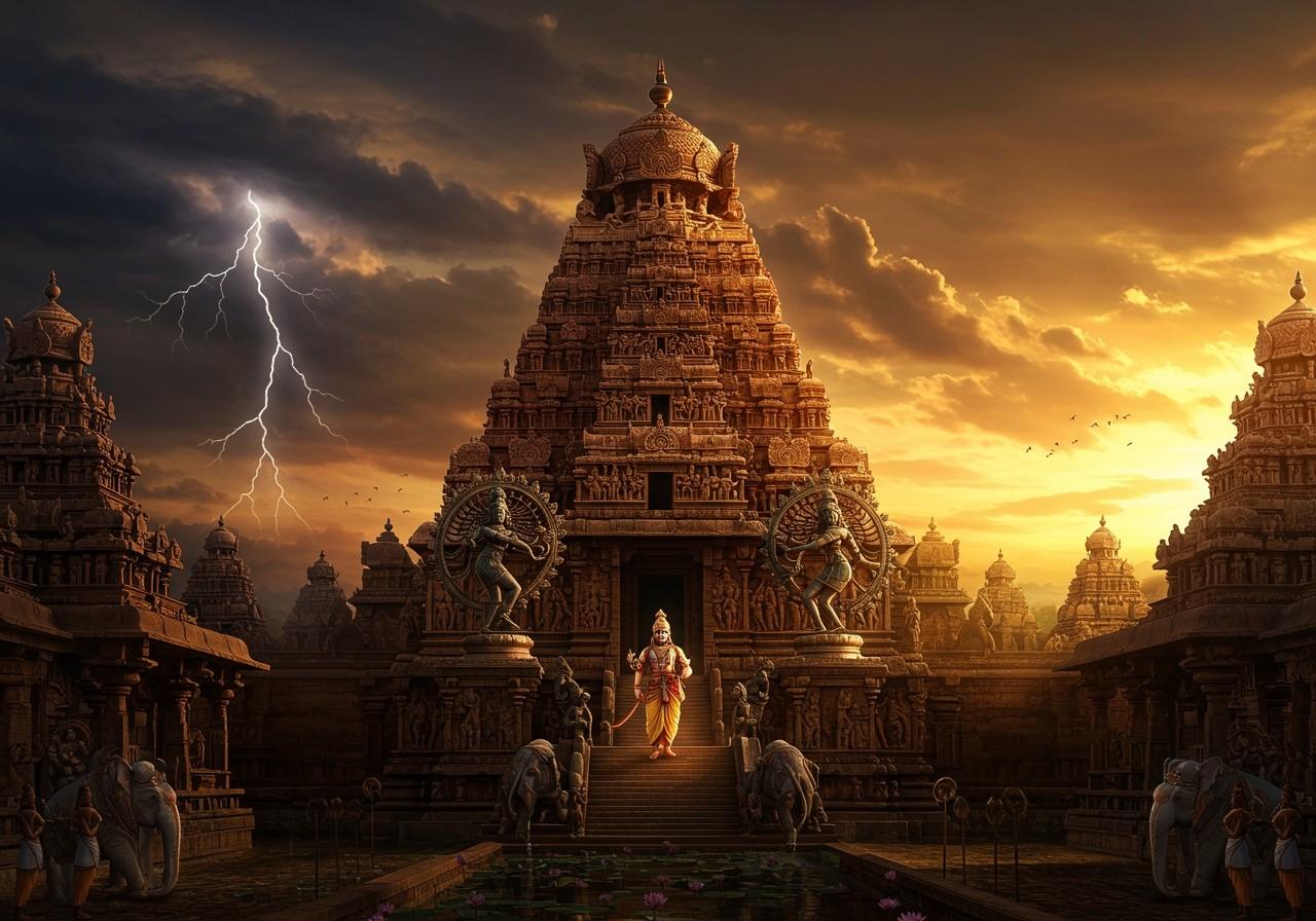 Illustration of Chola rulers and temples showcasing South India's glorious Chola dynasty