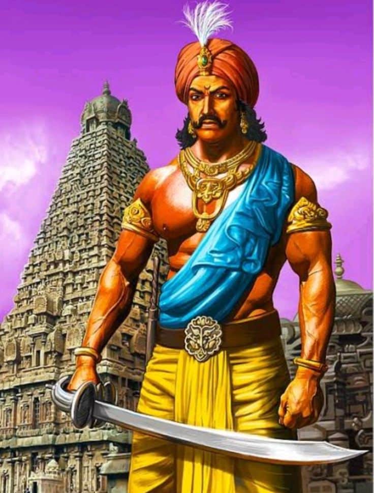 “Rajaraja Chola standing proudly in front of the majestic Brihadeeswara Temple, showcasing the grandeur of Chola dynasty architecture in Thanjavur.”