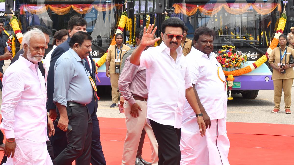 Low-floor electric buses lined up in Chennai after launch, promoting green public transport