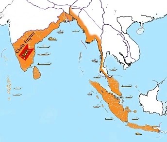 “Illustration of Rajendra Chola’s naval conquest of Southeast Asia with ships and map routes”