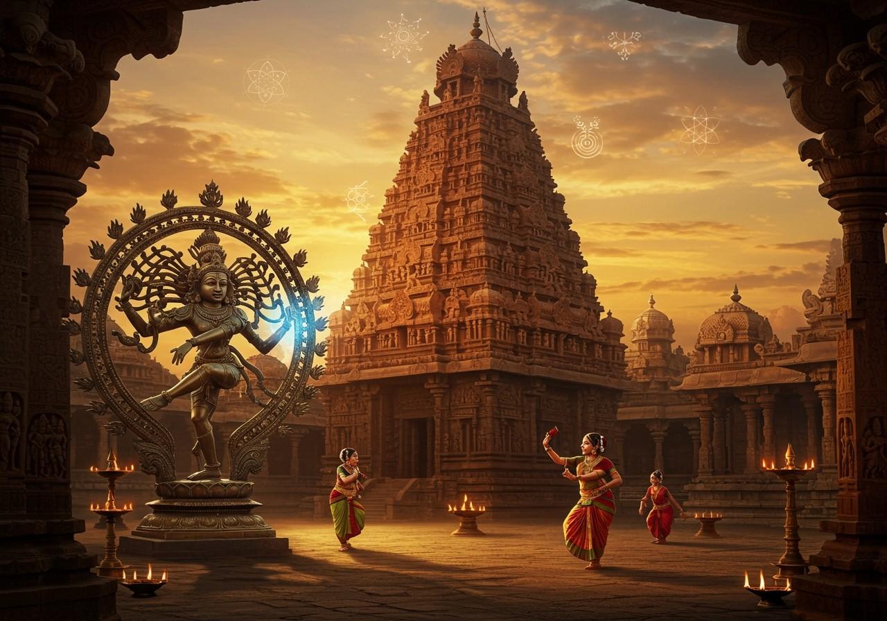 Bronze Nataraja statue and Chola inscription showcasing the dynasty’s artistic and administrative legacy