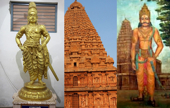 Comparison between Rajaraja Chola and Rajendra Chola showing temple architecture, naval ships, and maps of conquests