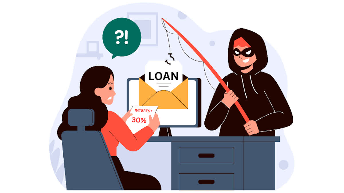 Stressed man checking phone for threatening loan app messages; Vizzve Finance logo shows safe alternatives.