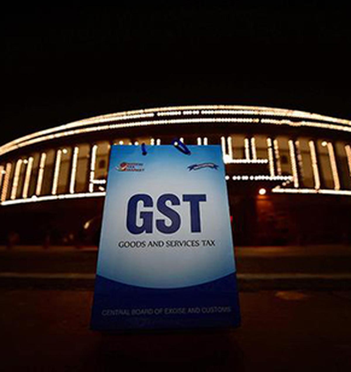 “GST completes 8 years with reform roadmap showing fuel pump, tax slab chart, and growth trend”