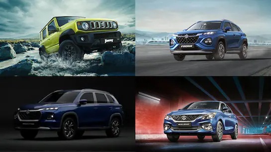 Maruti Suzuki dealership showcasing cars with a graph indicating declining sales and rising exports