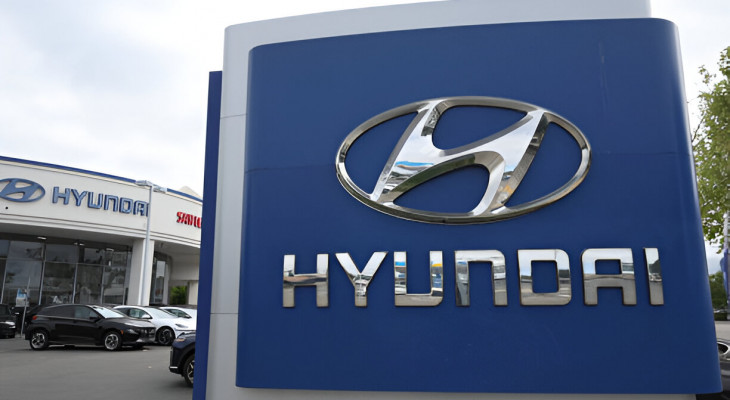 Hyundai showroom with cars on display and a declining sales graph overlayed