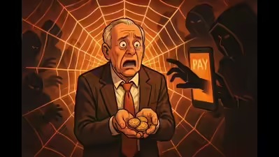 Elderly man shocked while speaking on phone as scam unfolds, text overlay reads ‘Digital Arrest Scam in Delhi’