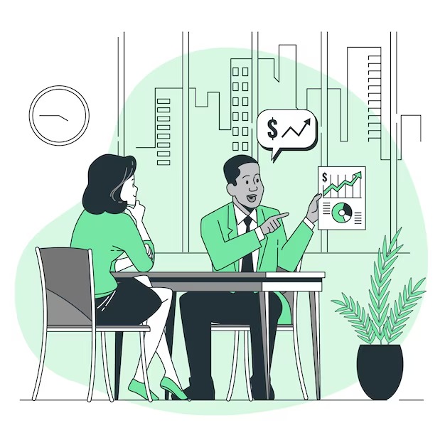 A calm individual talking to a financial therapist, with charts and the Vizzve app on a nearby table.