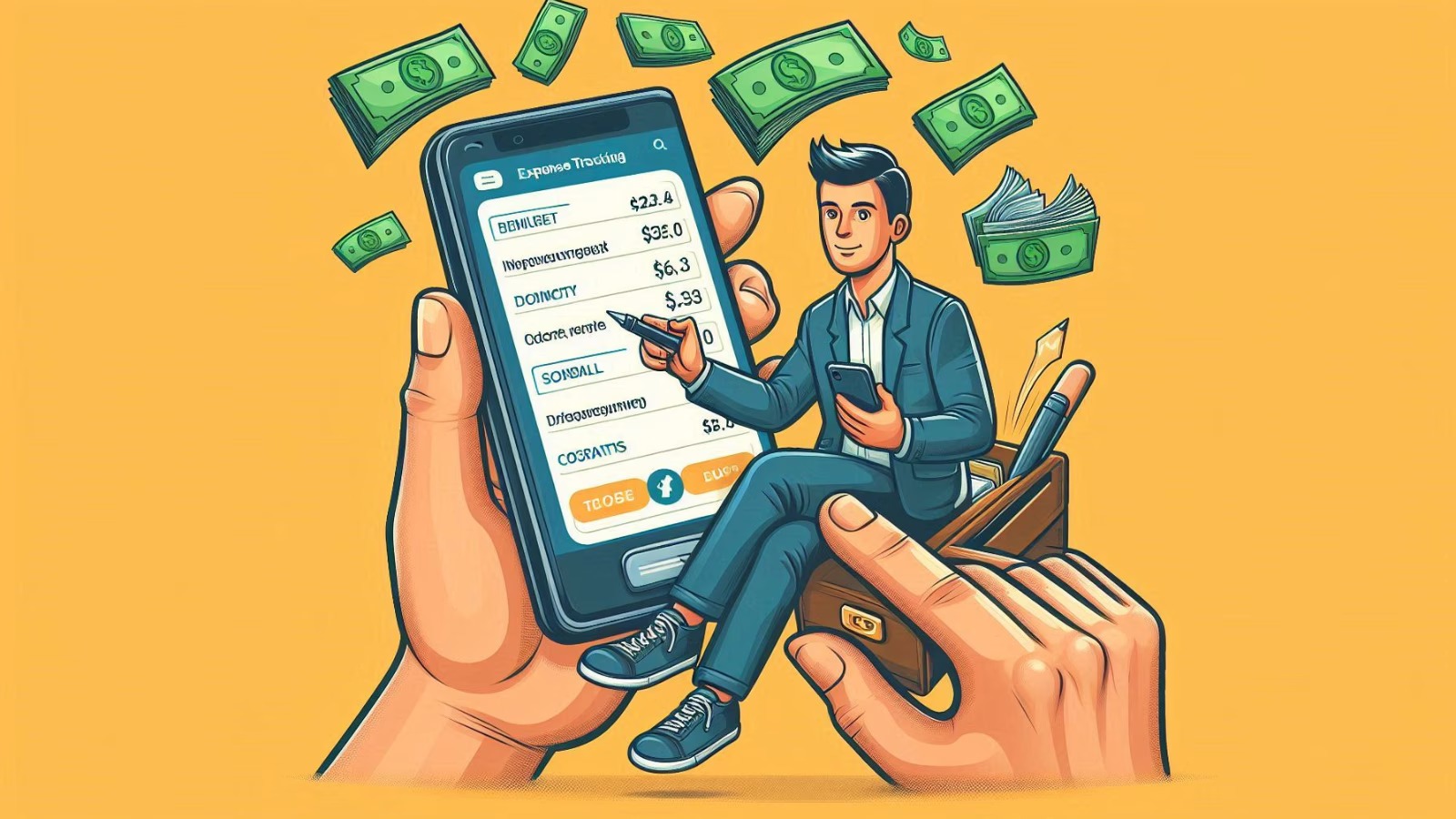 A relaxed young Indian professional using the Vizzve app to manage finances, surrounded by bills and plans.