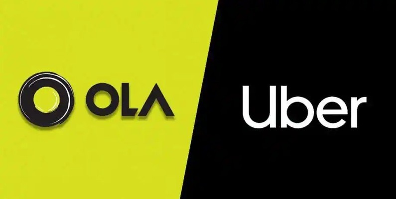 Ola and Uber ride-hailing apps on phone with government policy document in background