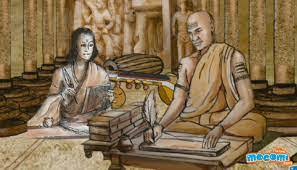 llustration of students studying in a Chola temple under a guru with palm-leaf manuscripts