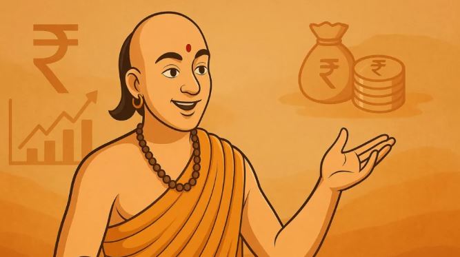 An illustrated Tenali Raman surrounded by modern financial icons like stocks, crypto coins, and social media charts