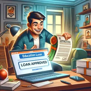 Indian student with backpack reading education loan options on Vizzve Finance app