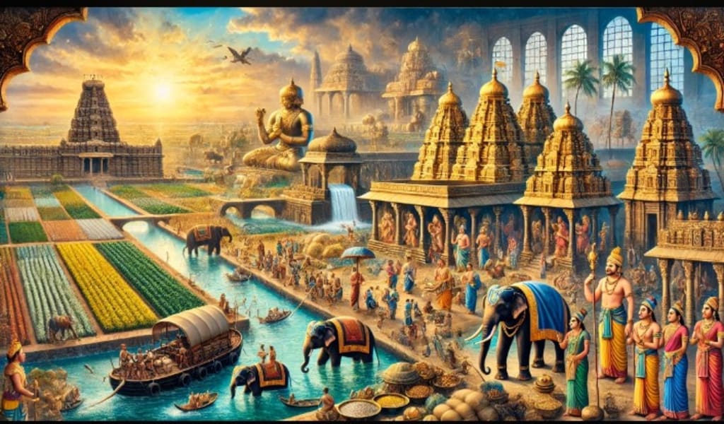 Ancient Chola official writing tax records next to modern Indian using Vizzve Finance app to manage EMI payments