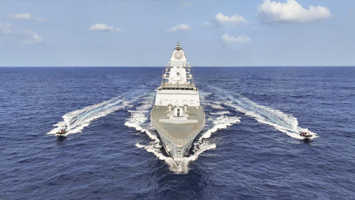 INS Udaygiri stealth frigate sailing in the ocean, symbolizing India's naval strength