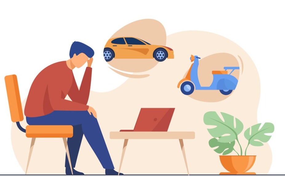 A confused shopper deciding whether to buy on EMI or save more, with a Vizzve Finance logo overlay