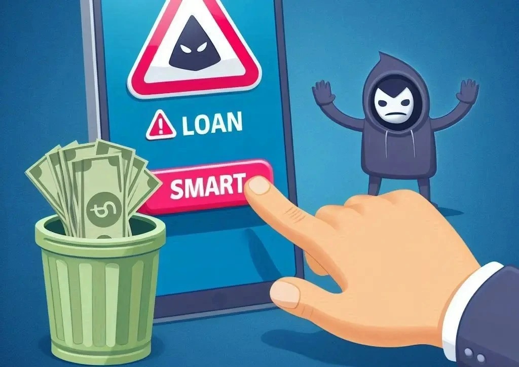 A frustrated borrower surrounded by threatening messages, shielded by a digital Vizzve logo, representing protection from aggressive loan apps.