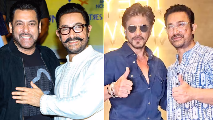 Aamir Khan, Salman Khan, and Shah Rukh Khan smiling together at a private Bollywood party