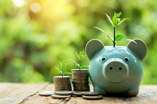 Green piggy bank with plant sprouting from it, symbolizing sustainable investing
