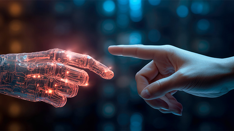 Robot hand passing a coin to a human hand, symbolizing AI-powered financial advice