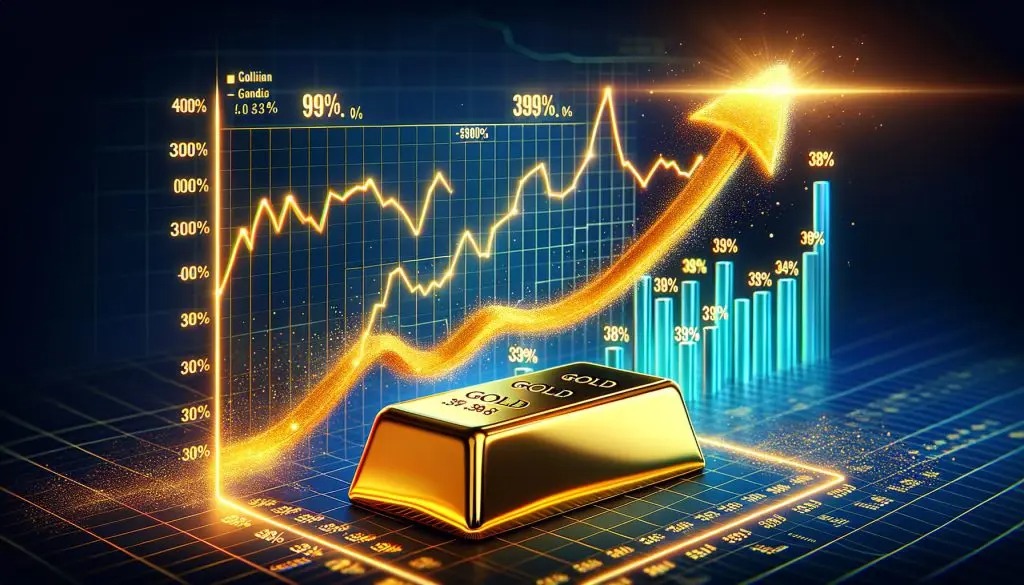 Gold coins and jewelry with a rising price graph in the background, symbolizing the gold market rally of 2025.