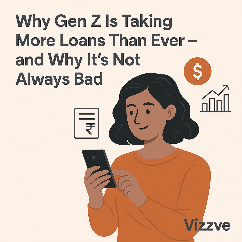 A Gen Z professional using the Vizzve app to track loan repayment and credit score on a smartphone.