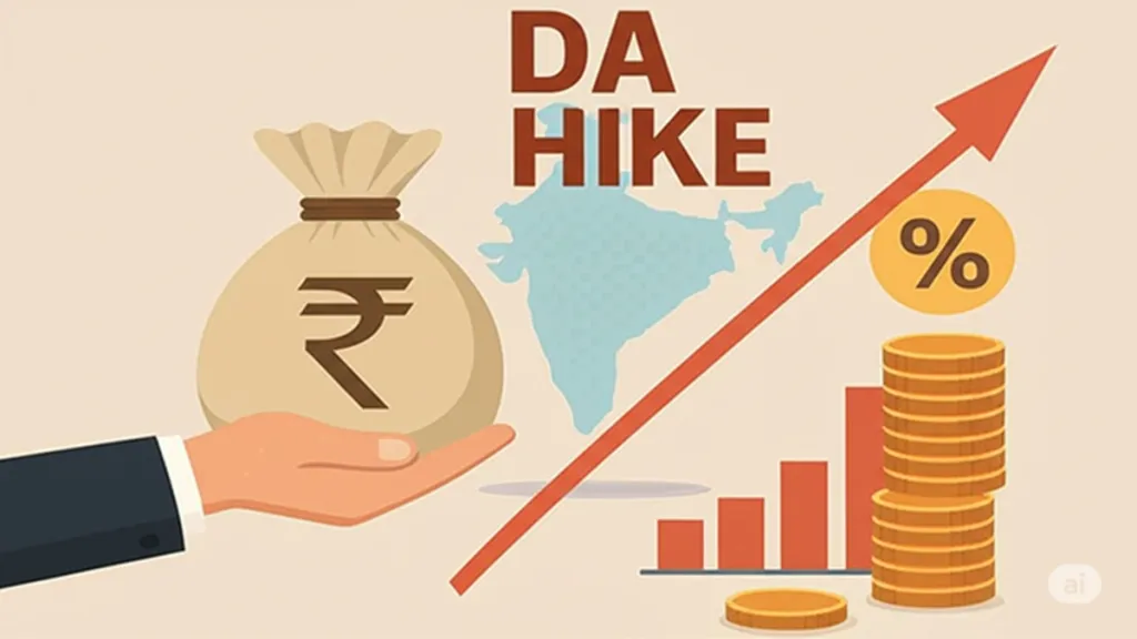 Illustration showing upward trend arrows and Indian government employees with text “DA Hike July 2025: +4%”.