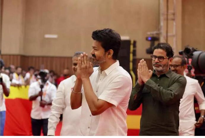 "Actor Vijay and political strategist Prashant Kishor at Tamilaga Vettri Kazhagam event"