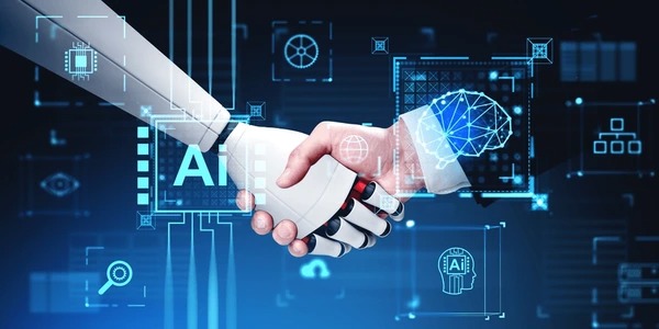 Robotic hand shaking hands with a human investor over a digital stock chart, symbolizing AI-powered investments in 2025.
