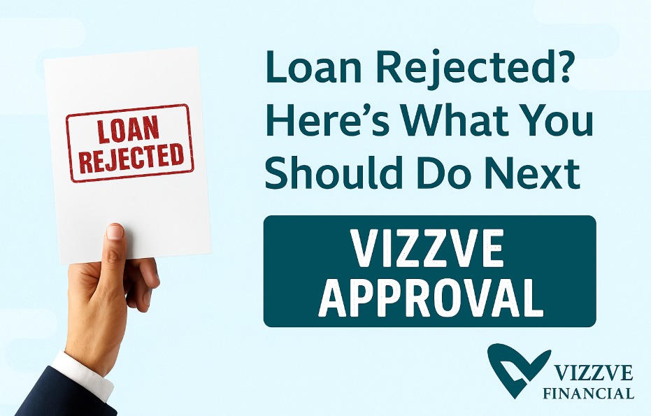 A stressed individual holding a rejected loan form, next to a smartphone displaying Vizzve Finance’s app interface for alternative solutions.