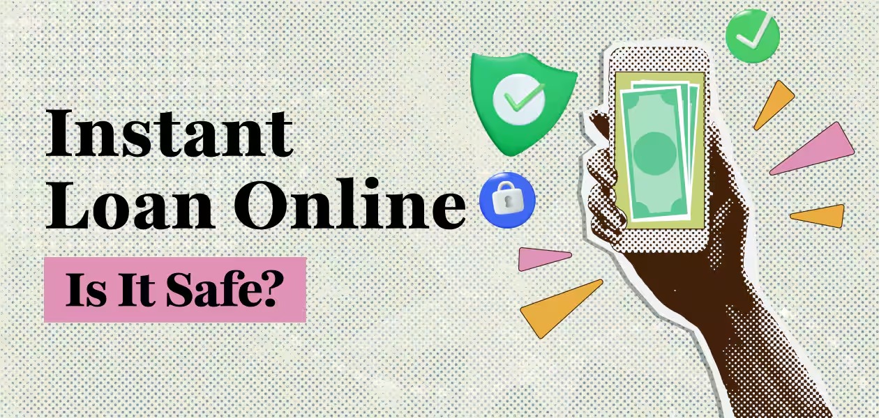 Person holding phone with a secure, verified loan app (Vizzve Finance) and a shield icon representing safety.