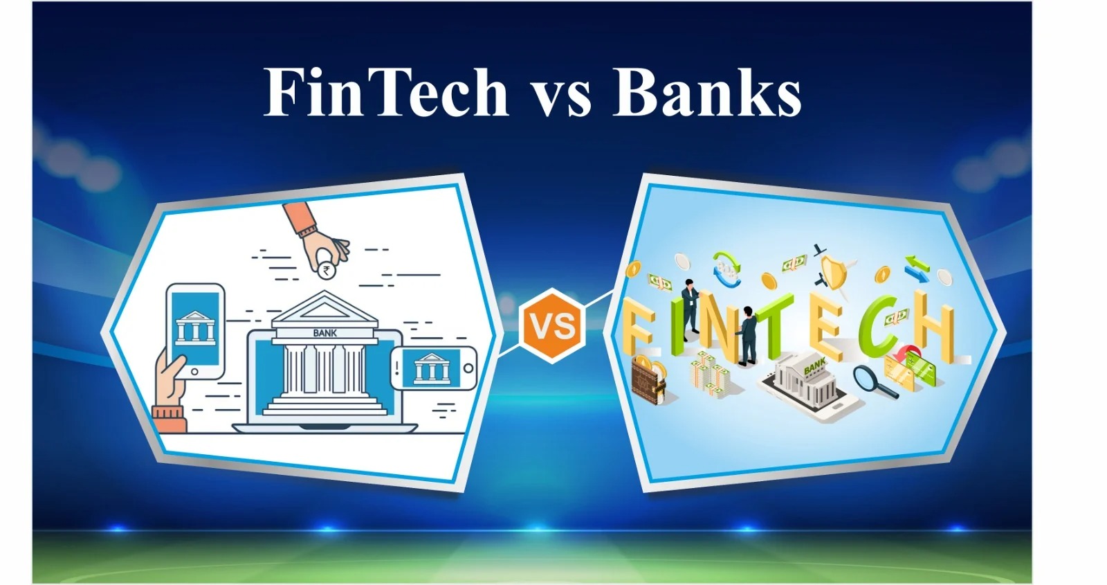 Comparison graphic showing a traditional bank building versus a mobile phone with a fintech loan app (Vizzve Finance).