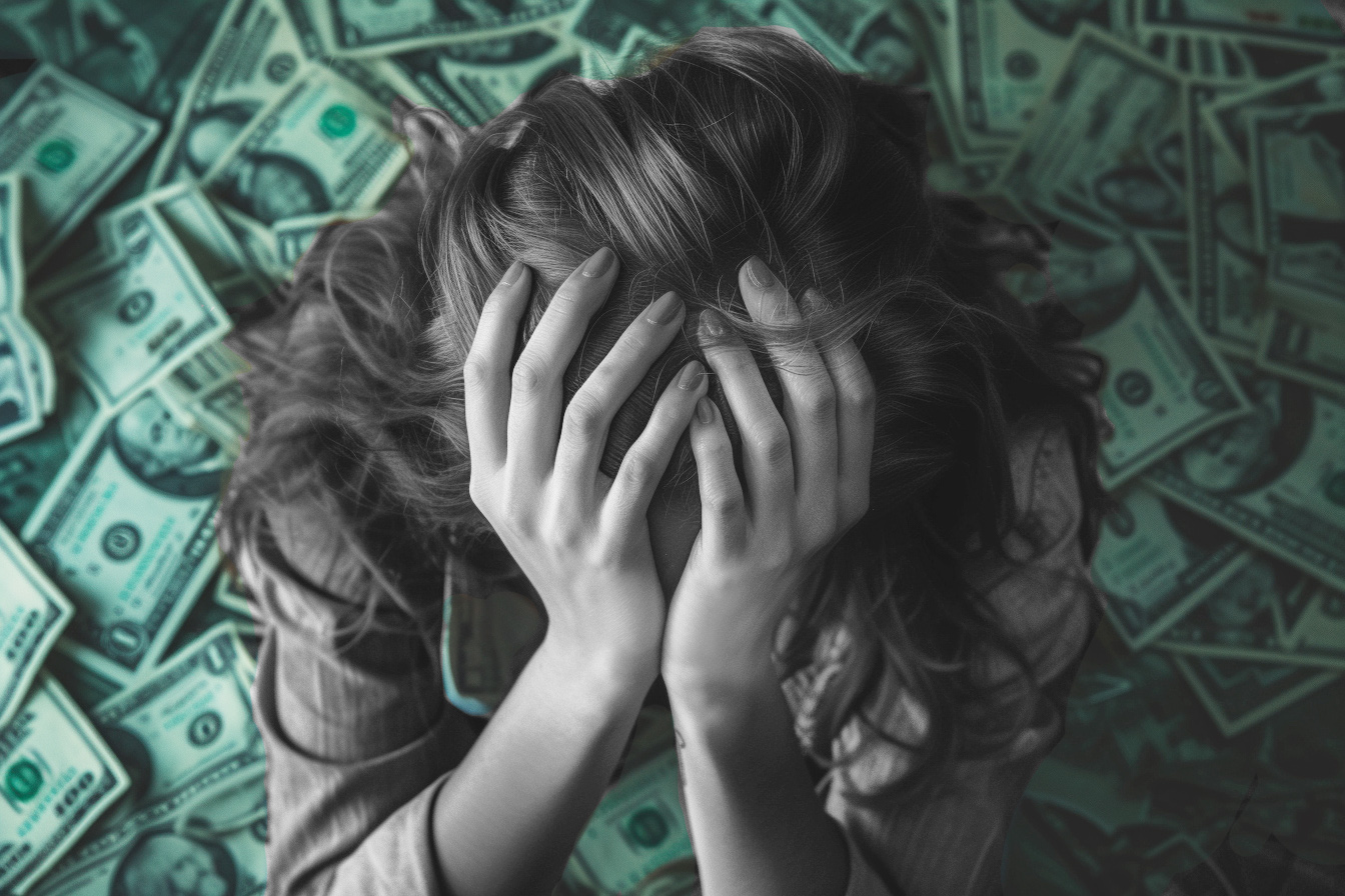 Frustrated man surrounded by bills, regret, and a glowing phone with the Vizzve Finance app offering clarity.