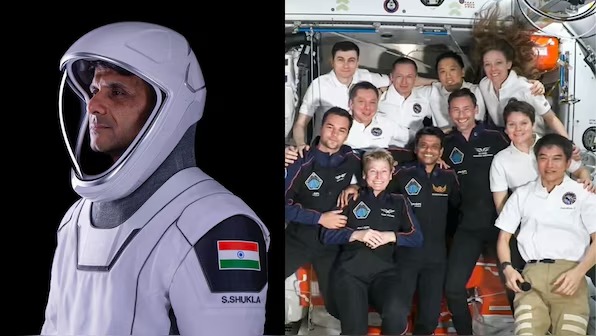 Indian astronaut in space suit beside international space crew, with flags and Earth in the background.