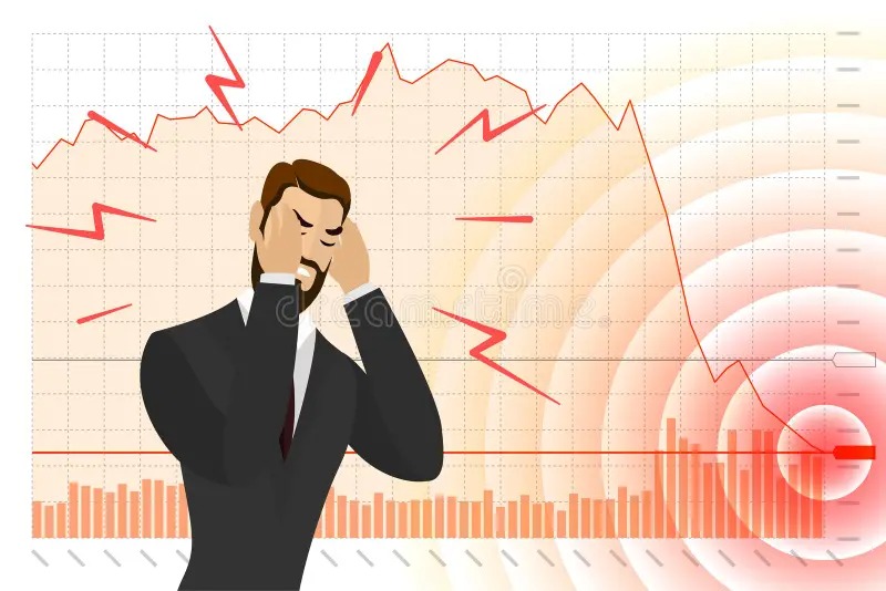 Stressed investor holding head in front of falling stock chart with mental health symbols