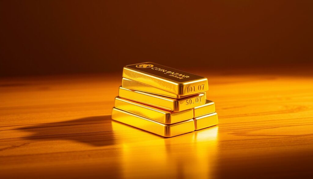 A shining gold bar beside a solid foundation of coins, symbolizing investment choices